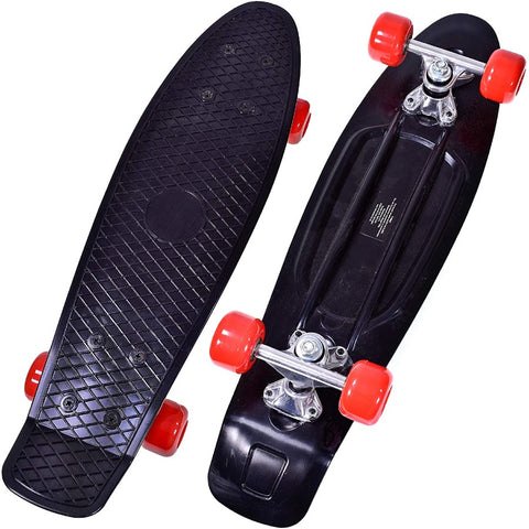 black retro skateboard with red wheels